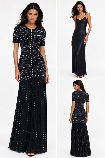 GINA Knit Pearl Embellished Pleated Maxi Dress – Elegant Beaded Gown