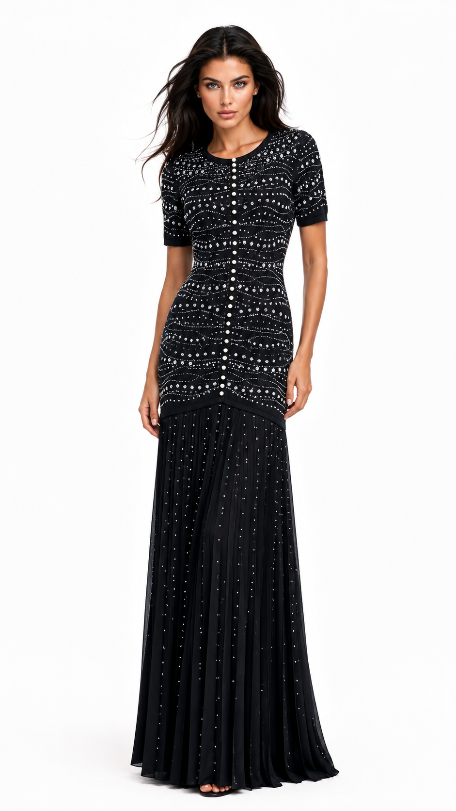 GINA Knit Pearl Embellished Pleated Maxi Dress – Elegant Beaded Gown