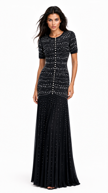GINA Knit Pearl Embellished Pleated Maxi Dress – Elegant Beaded Gown