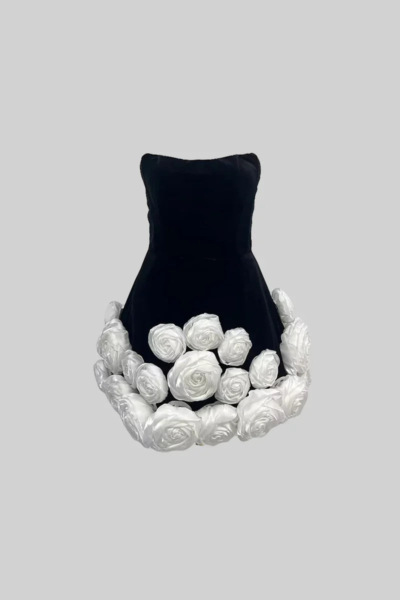 BASILE ELEGANT WITH WHITE ROSE EMBELLISHMENTS MINI DRESS