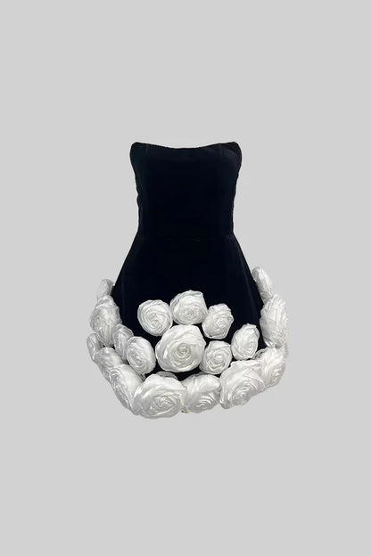 BASILE ELEGANT WITH WHITE ROSE EMBELLISHMENTS MINI DRESS