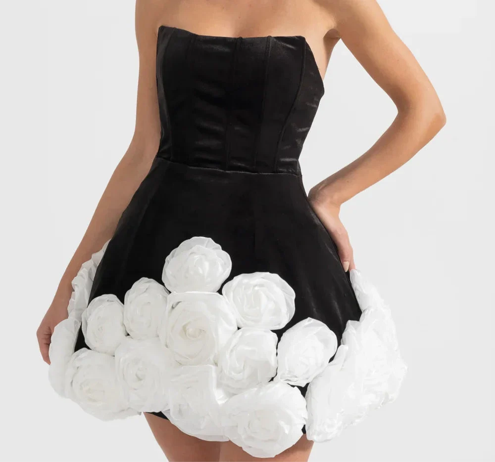 BASILE ELEGANT WITH WHITE ROSE EMBELLISHMENTS MINI DRESS