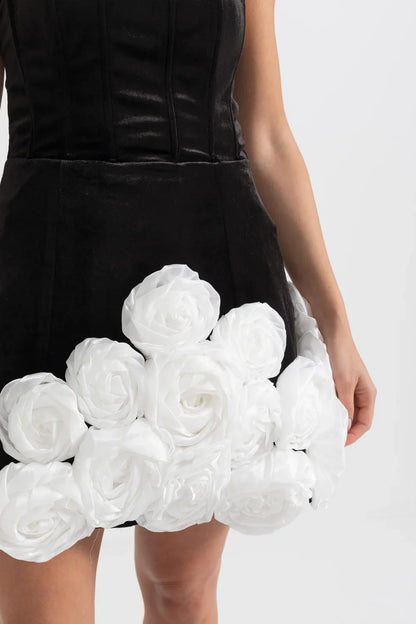 BASILE ELEGANT WITH WHITE ROSE EMBELLISHMENTS MINI DRESS