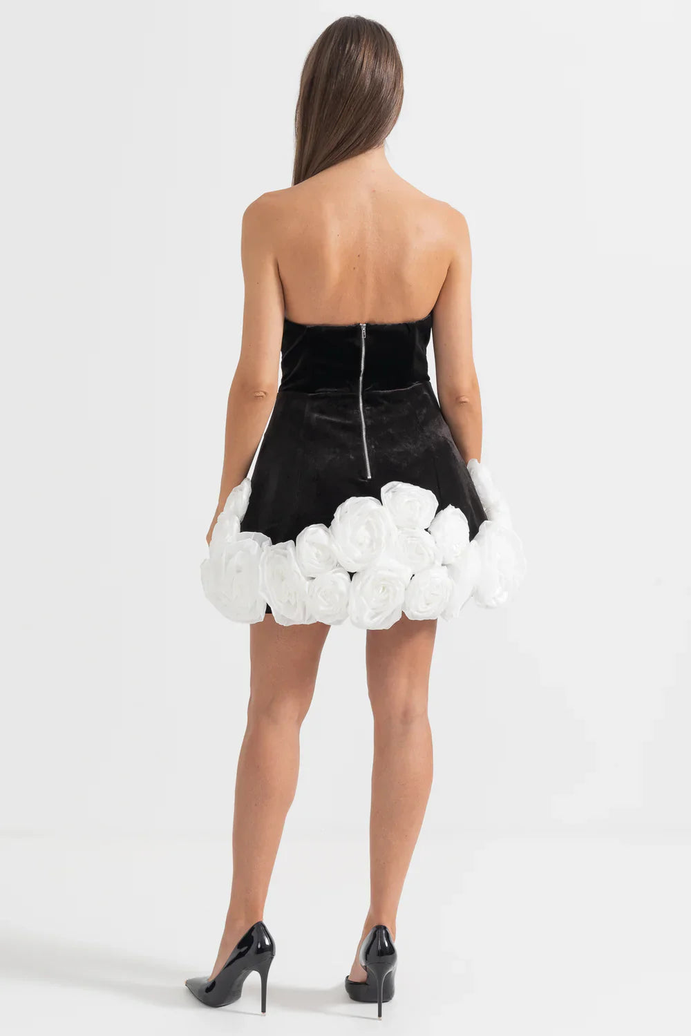 BASILE ELEGANT WITH WHITE ROSE EMBELLISHMENTS MINI DRESS