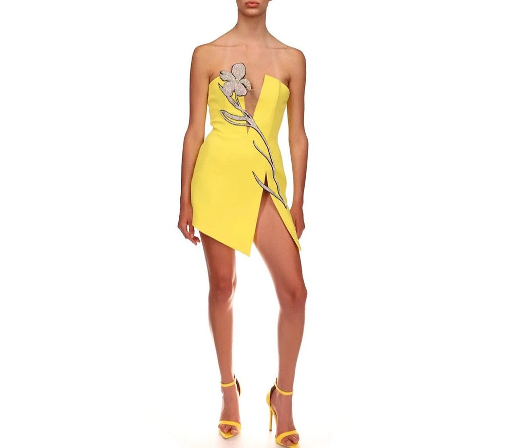 BELEN Mesh Rhinestone Mini Sleeveless Strapless Bandage Dress YELLOW
