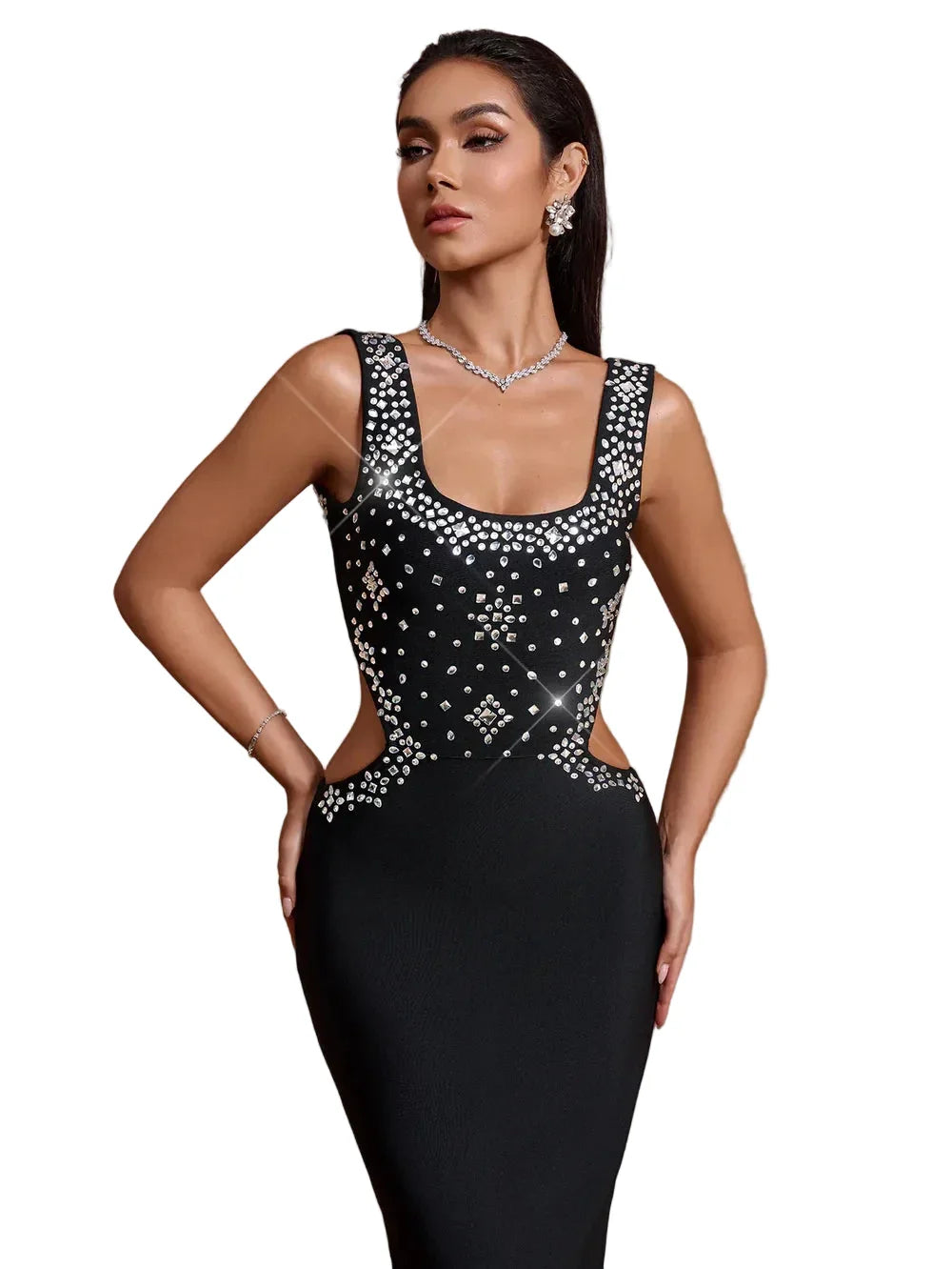 BELISA Luxury Black Crystal Embellished Cut Out Maxi Dress