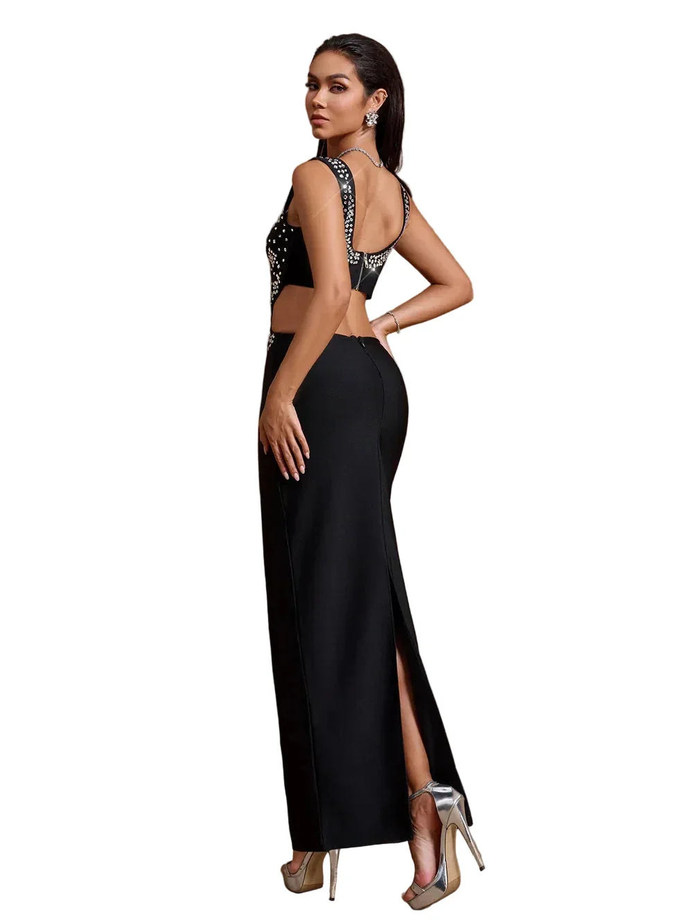 BELISA Luxury Black Crystal Embellished Cut Out Maxi Dress