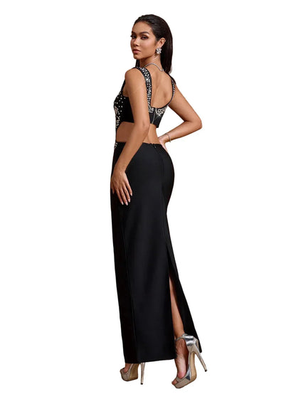 BELISA Luxury Black Crystal Embellished Cut Out Maxi Dress