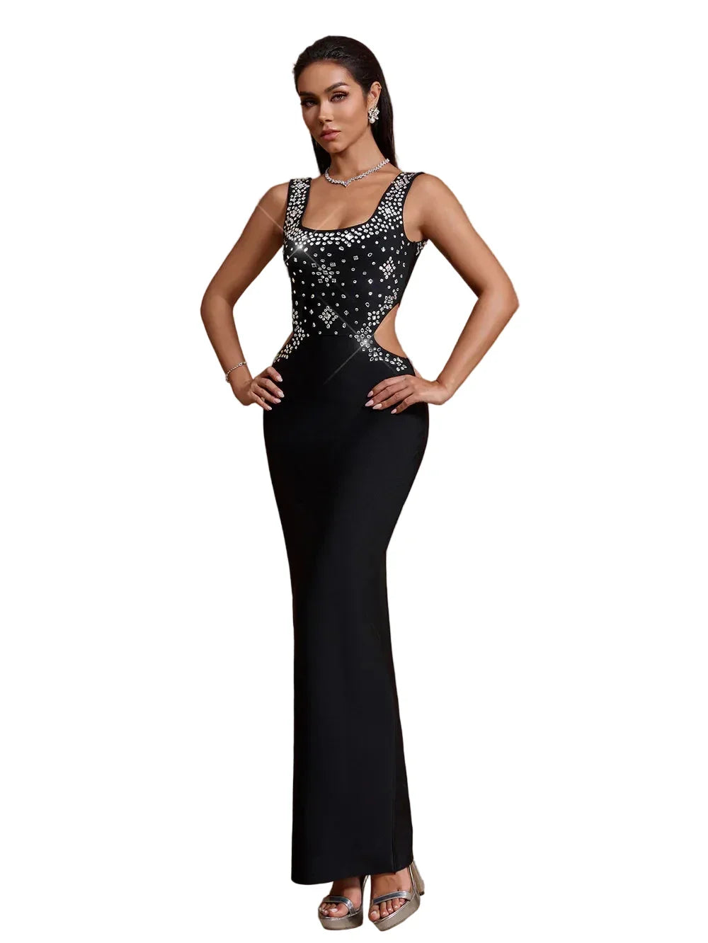 BELISA Luxury Black Crystal Embellished Cut Out Maxi Dress