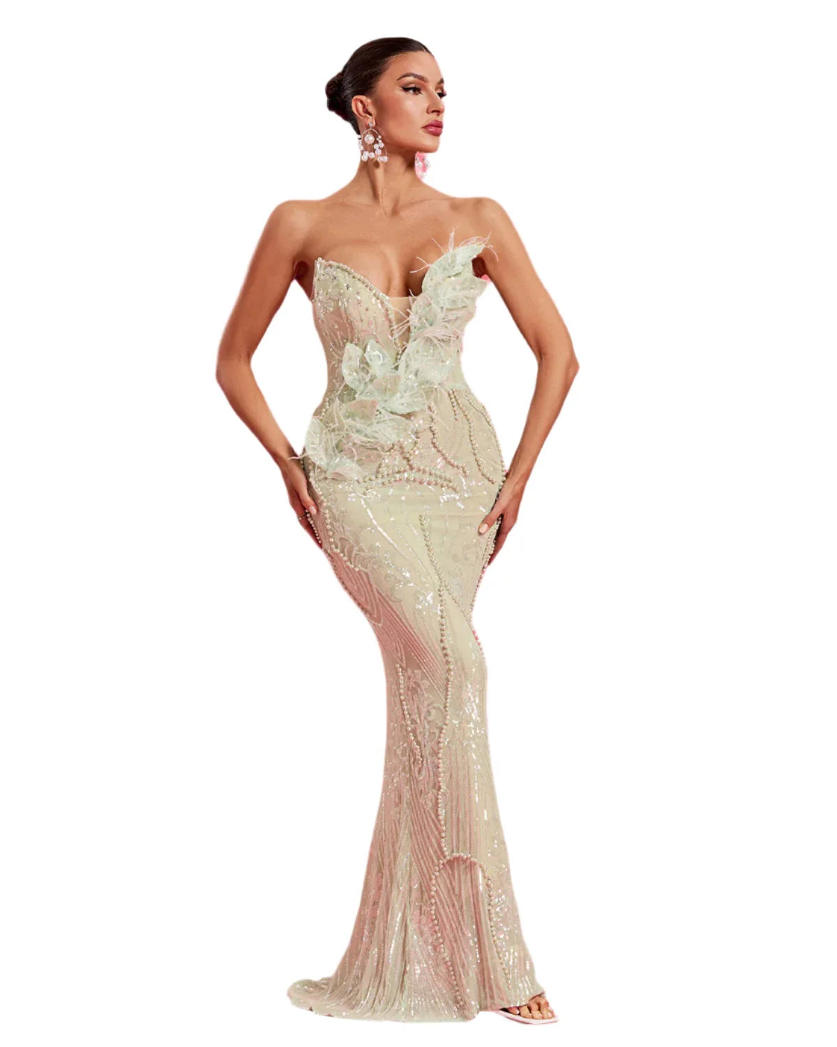 BENITA Pearl Embellished Floral-Leaf Evening Gown