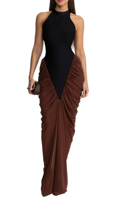 BEREN Contrasting Ruched Maxi Bodycon Dress BROWN