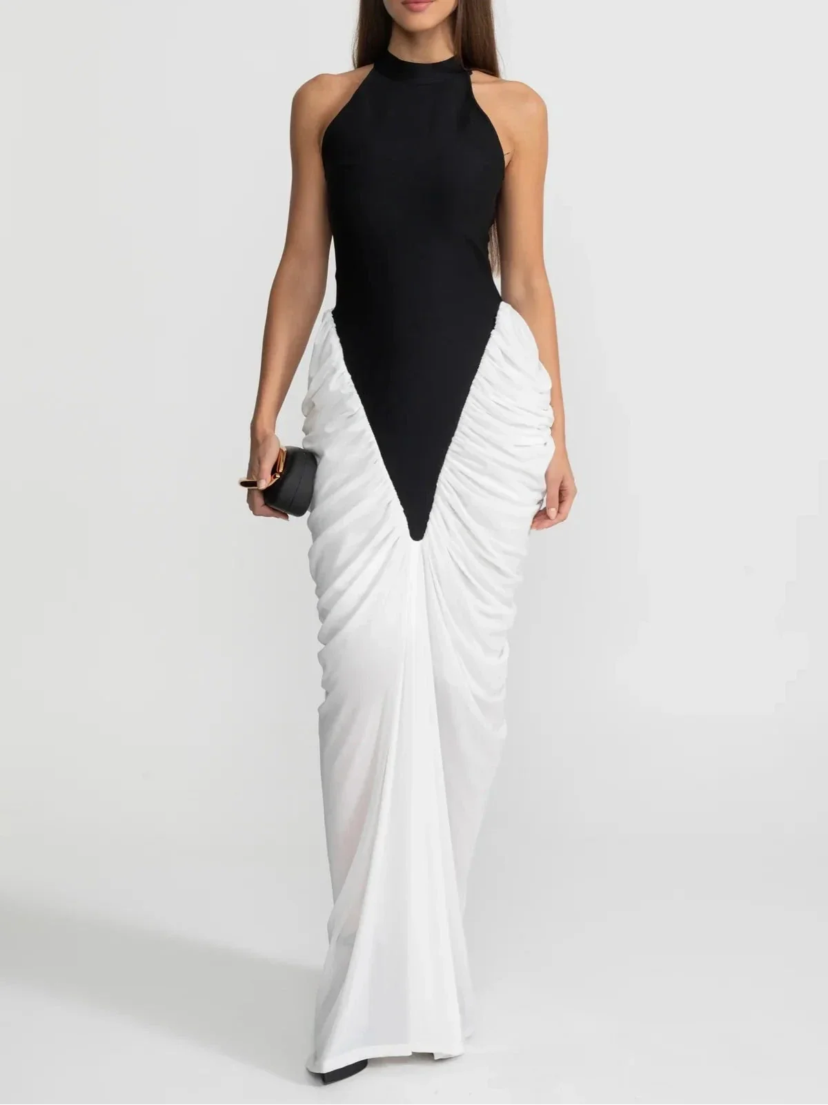BEREN Contrasting Ruched Maxi Bodycon Dress WHITE