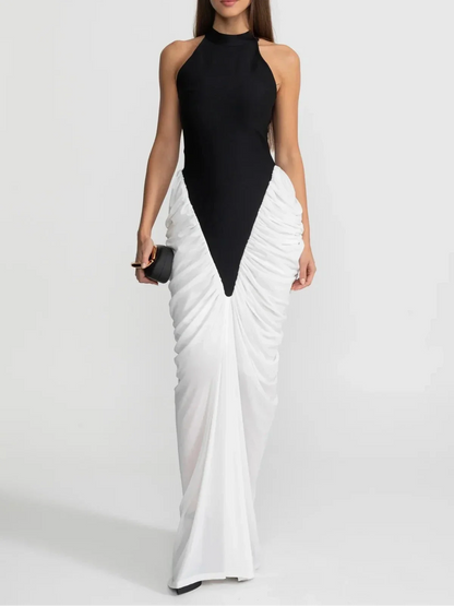 BEREN Contrasting Ruched Maxi Bodycon Dress WHITE