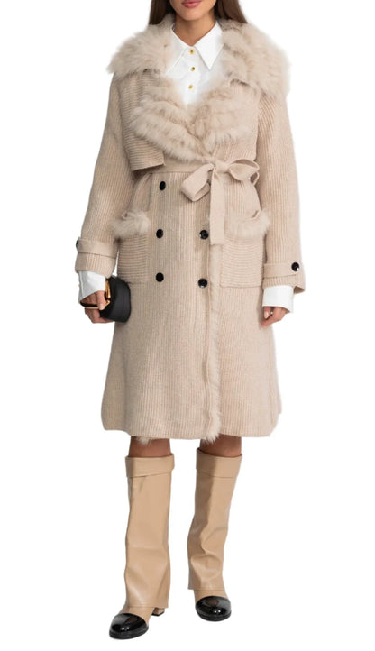 BETTY WOOL KNIT OVERCOAT WITH FUR TRIM NUDE