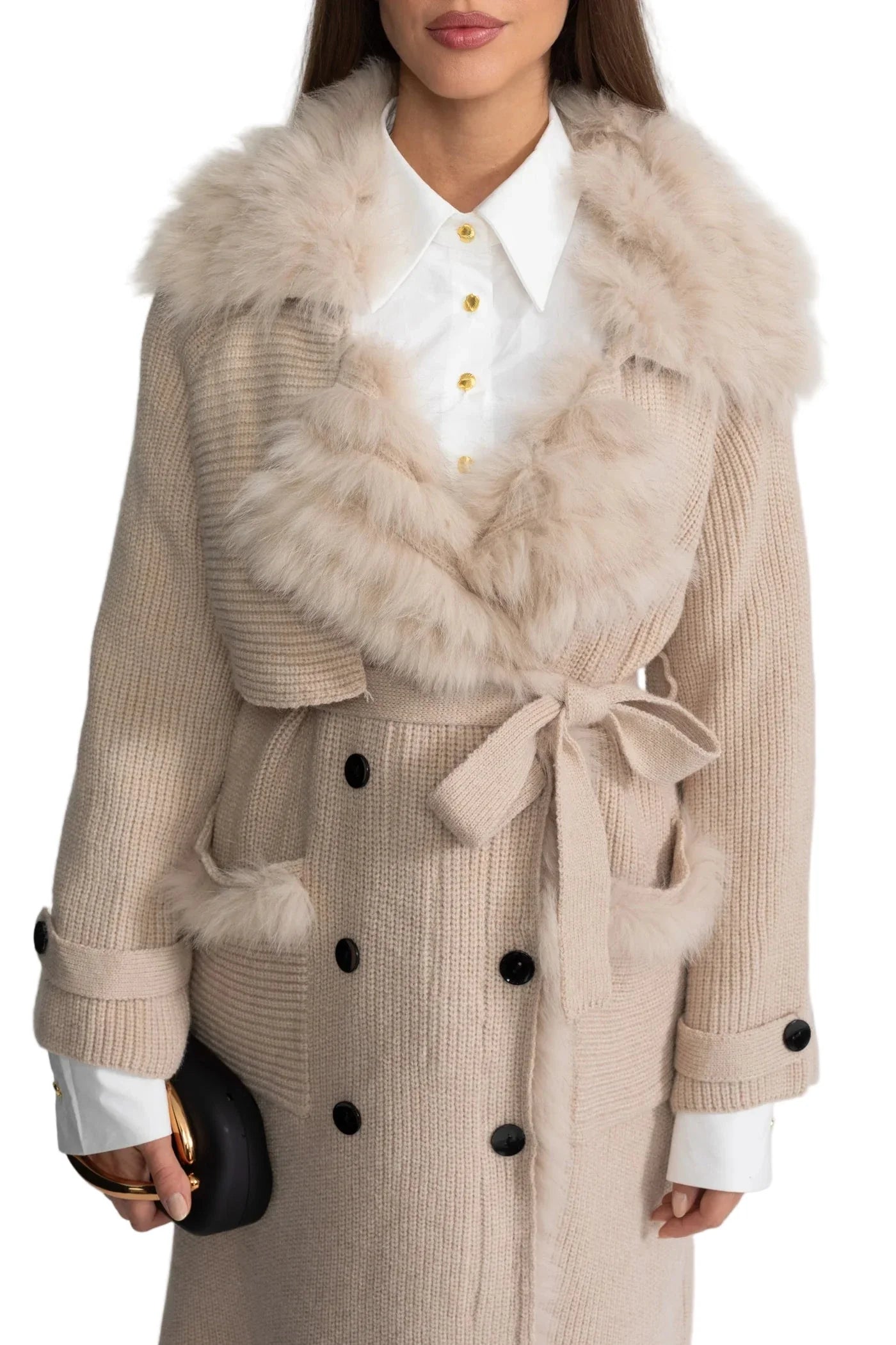 BETTY WOOL KNIT OVERCOAT WITH FUR TRIM