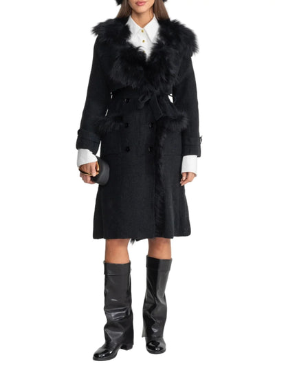 BETTY WOOL KNIT OVERCOAT WITH FUR TRIM BLACK