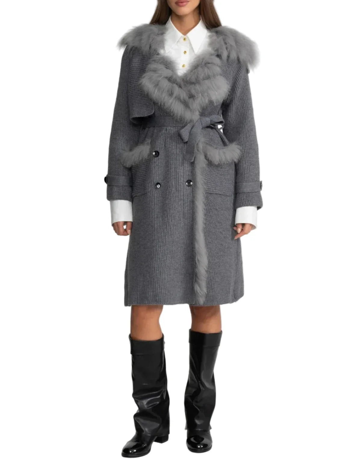 BETTY WOOL KNIT OVERCOAT WITH FUR TRIM GREY