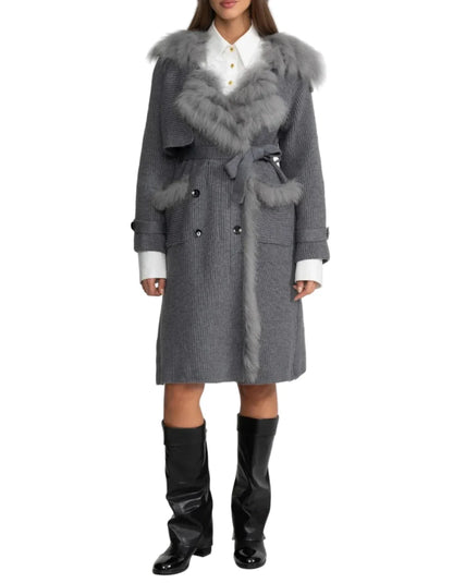BETTY WOOL KNIT OVERCOAT WITH FUR TRIM GREY