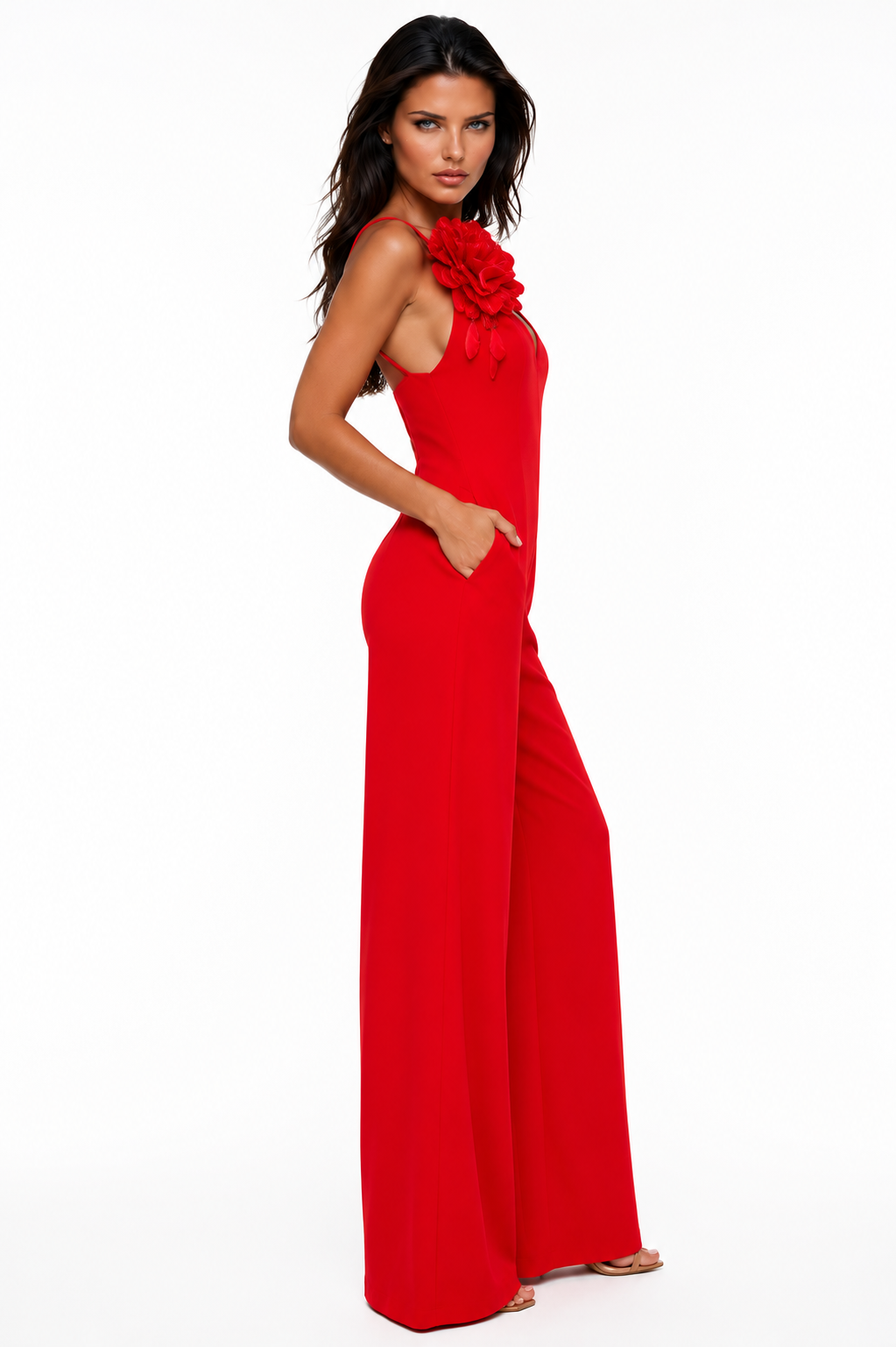 SYLPHE Red Floral Detail Wide Leg Jumpsuit | Elegant Statement Jumpsuit