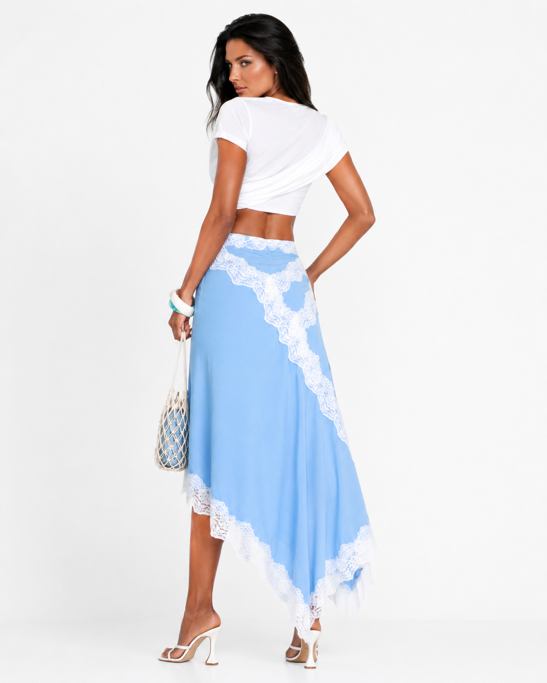 ANDRE Coastal Lace Wrap Skirt Set – White Crop Top & Asymmetric Blue Lace Skirt