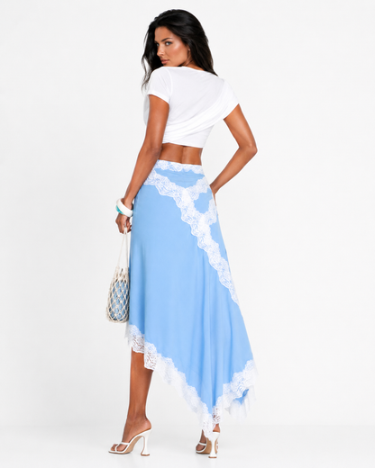 ANDRE Coastal Lace Wrap Skirt Set – White Crop Top & Asymmetric Blue Lace Skirt