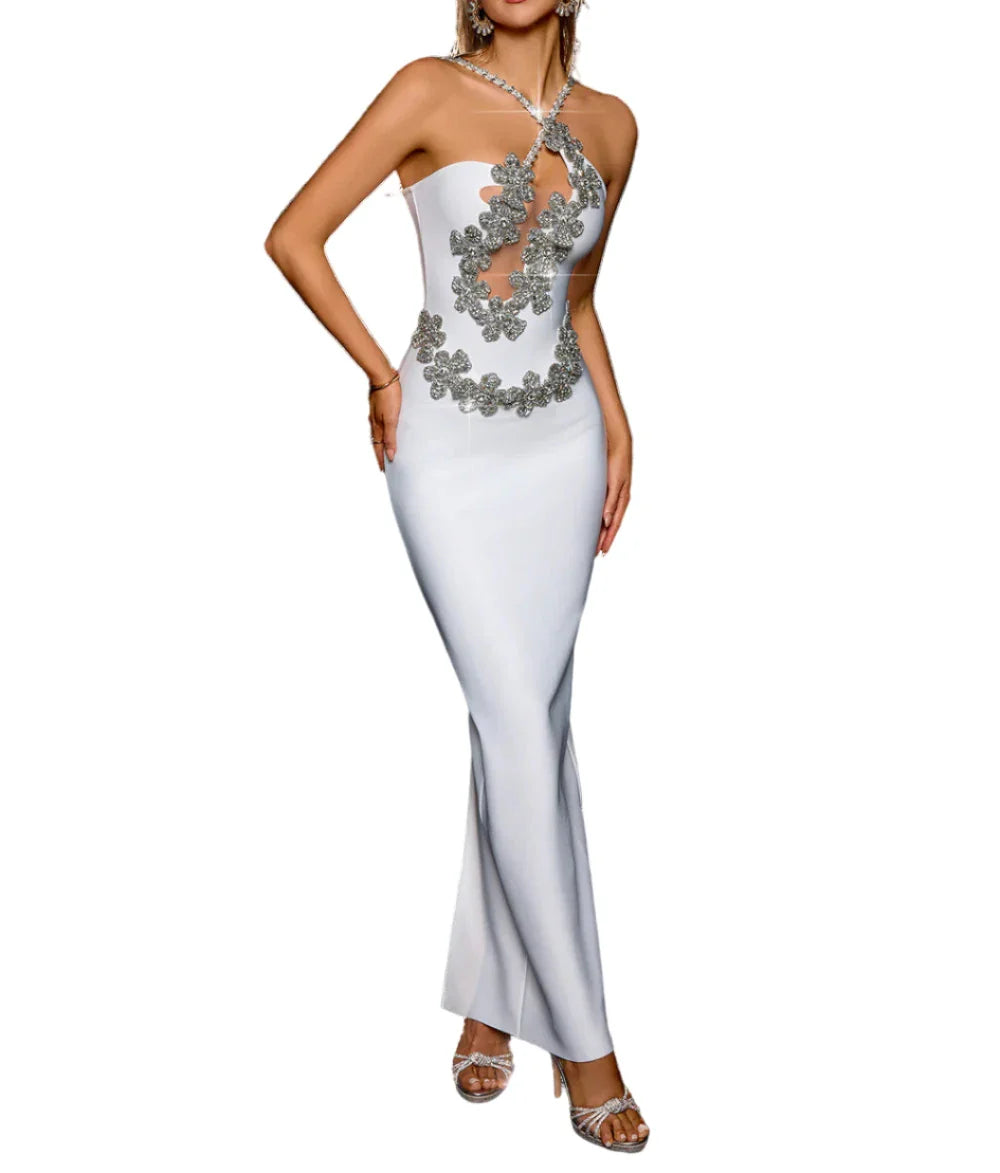 BRINA CrystalFlower Cutout Bandage Maxi Dress