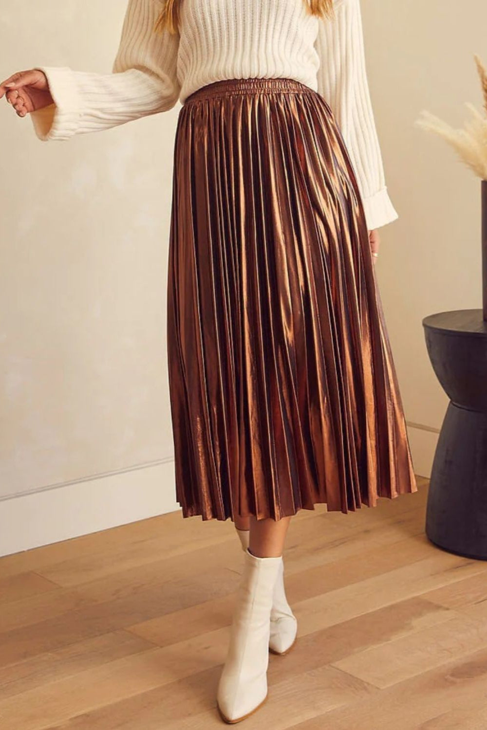 Metallic Pleated Midi Skirt