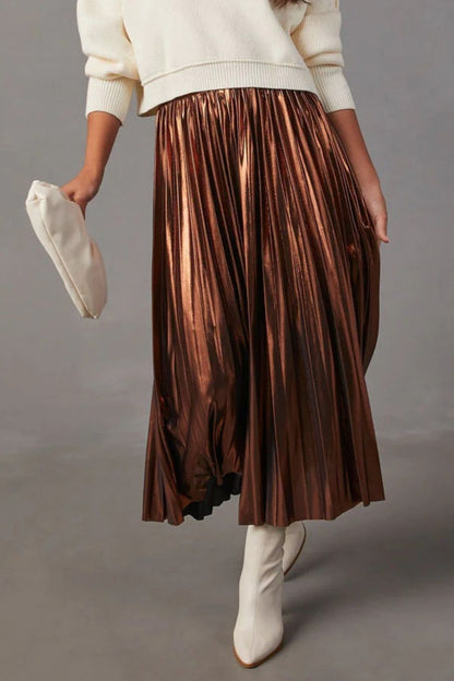 Metallic Pleated Midi Skirt