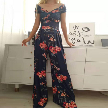 Vera | Women's Floral Wide Leg Jumpsuit Off Shoulder Wrap Bodice