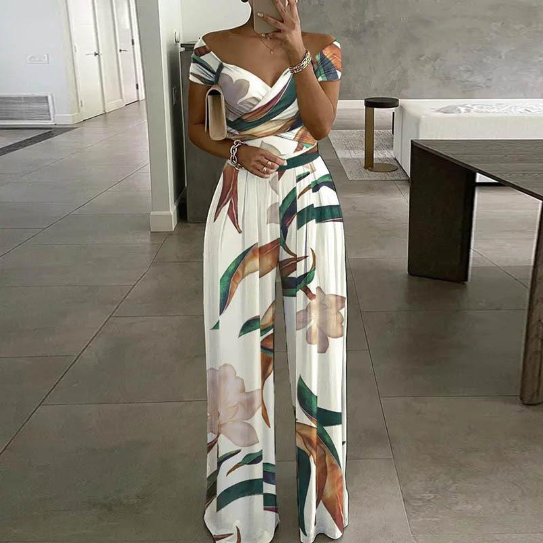 Vera | Women's Floral Wide Leg Jumpsuit Off Shoulder Wrap Bodice