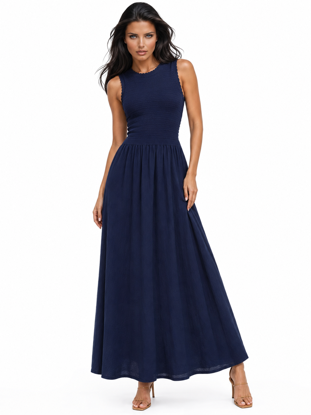 AKASYA Monaco Maxi Dress – Sleeveless Fit & Flare Textured Maxi Dress