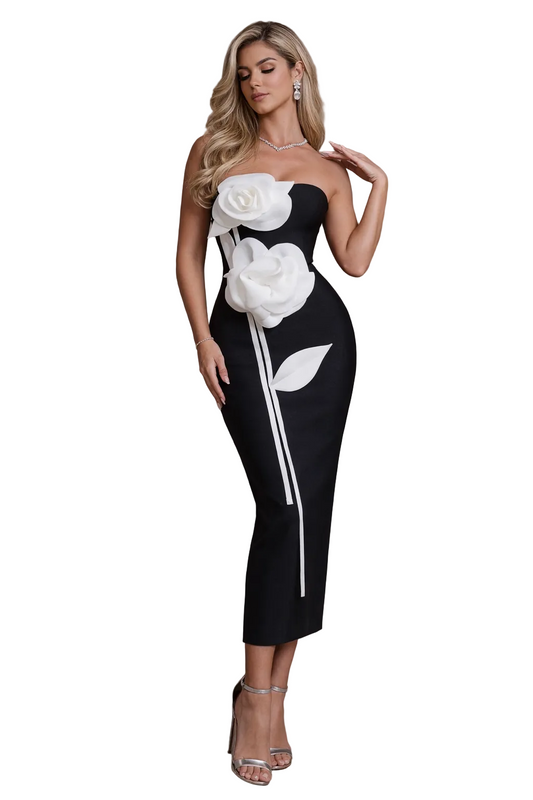 MINTA 3D Floral Monochrome Strapless Sculpted Midi Dress