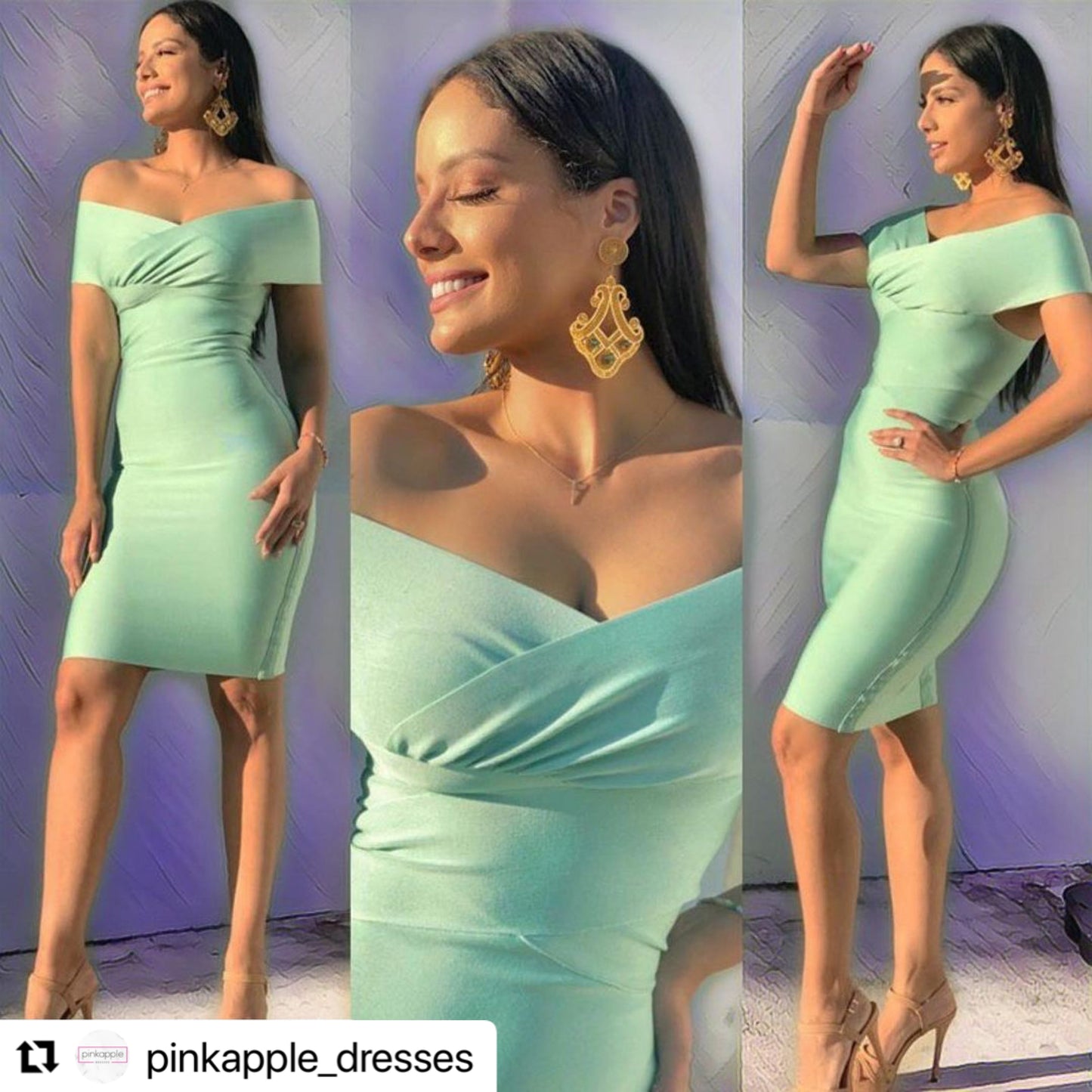 NEXT DAY DELIVERY ANISA Off Shoulder Mid Sleeve Mini Bandage MINT