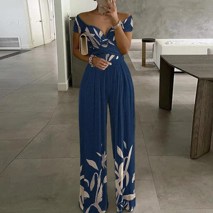 Vera | Women's Floral Wide Leg Jumpsuit Off Shoulder Wrap Bodice