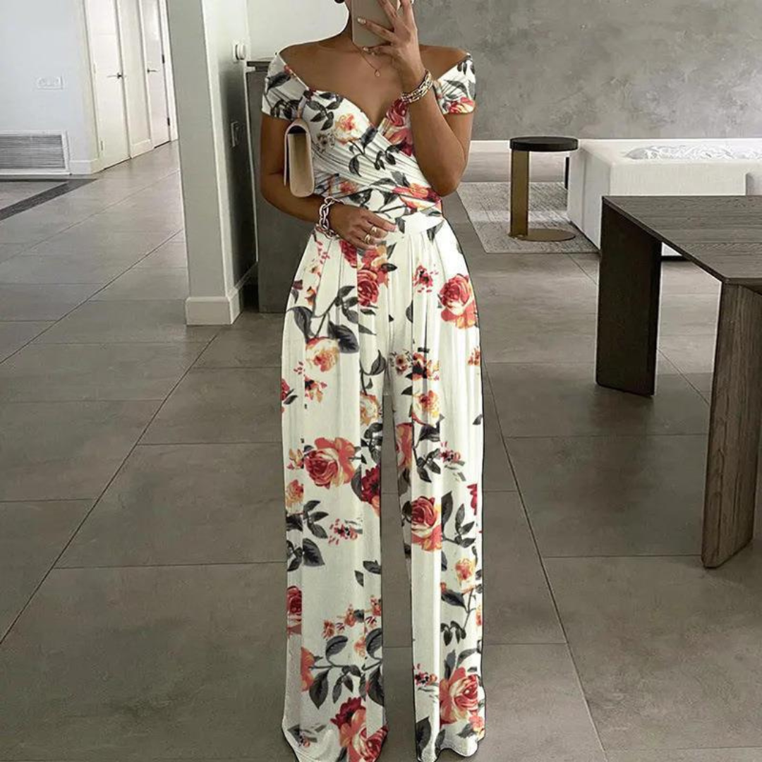 Vera | Women's Floral Wide Leg Jumpsuit Off Shoulder Wrap Bodice