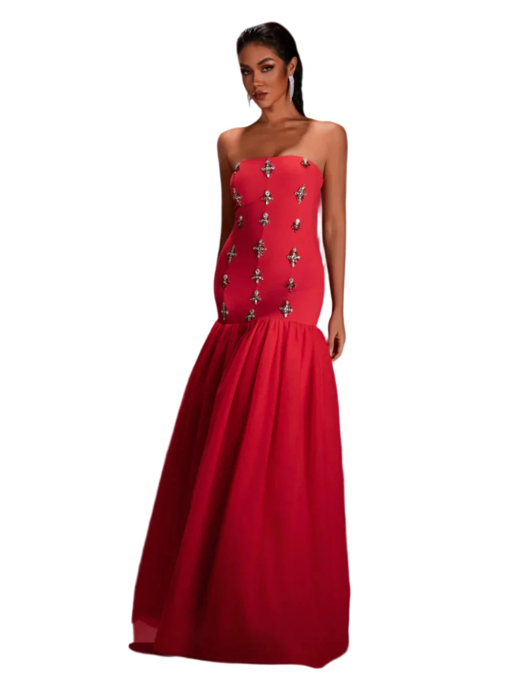 CAROL Crystal-Embellished Tulle Red Strapless Gown