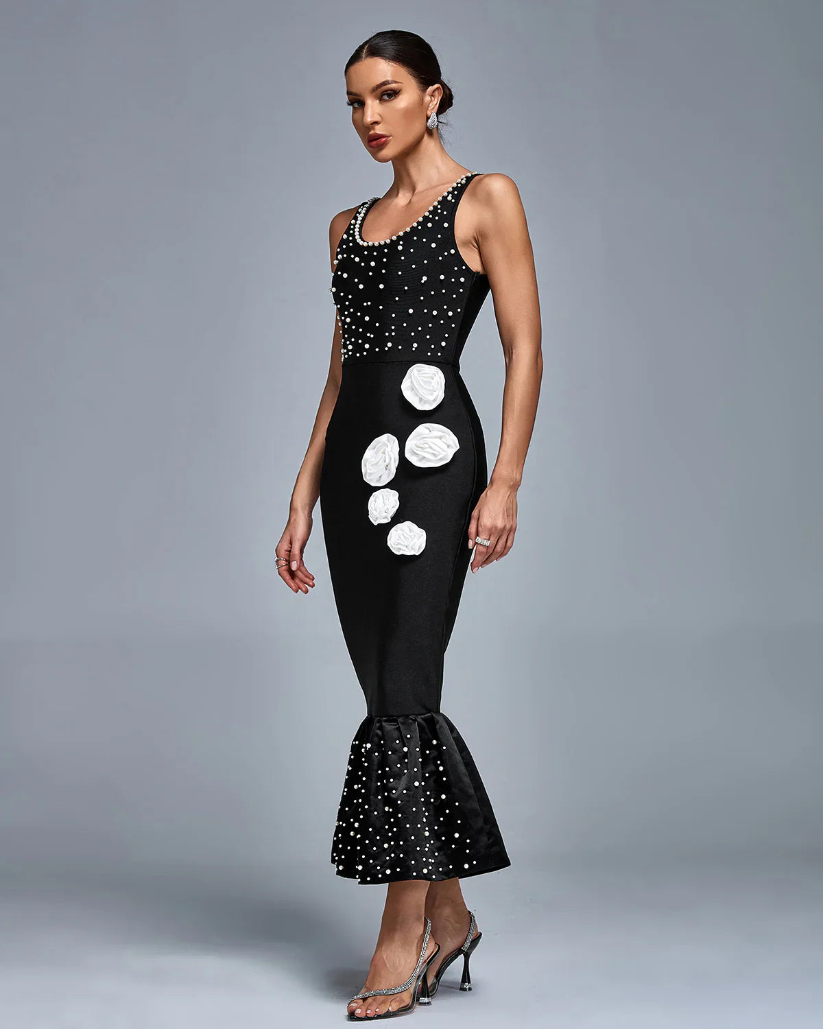 CADY White-Floral Pearl Mermaid Bandage Midi Dress