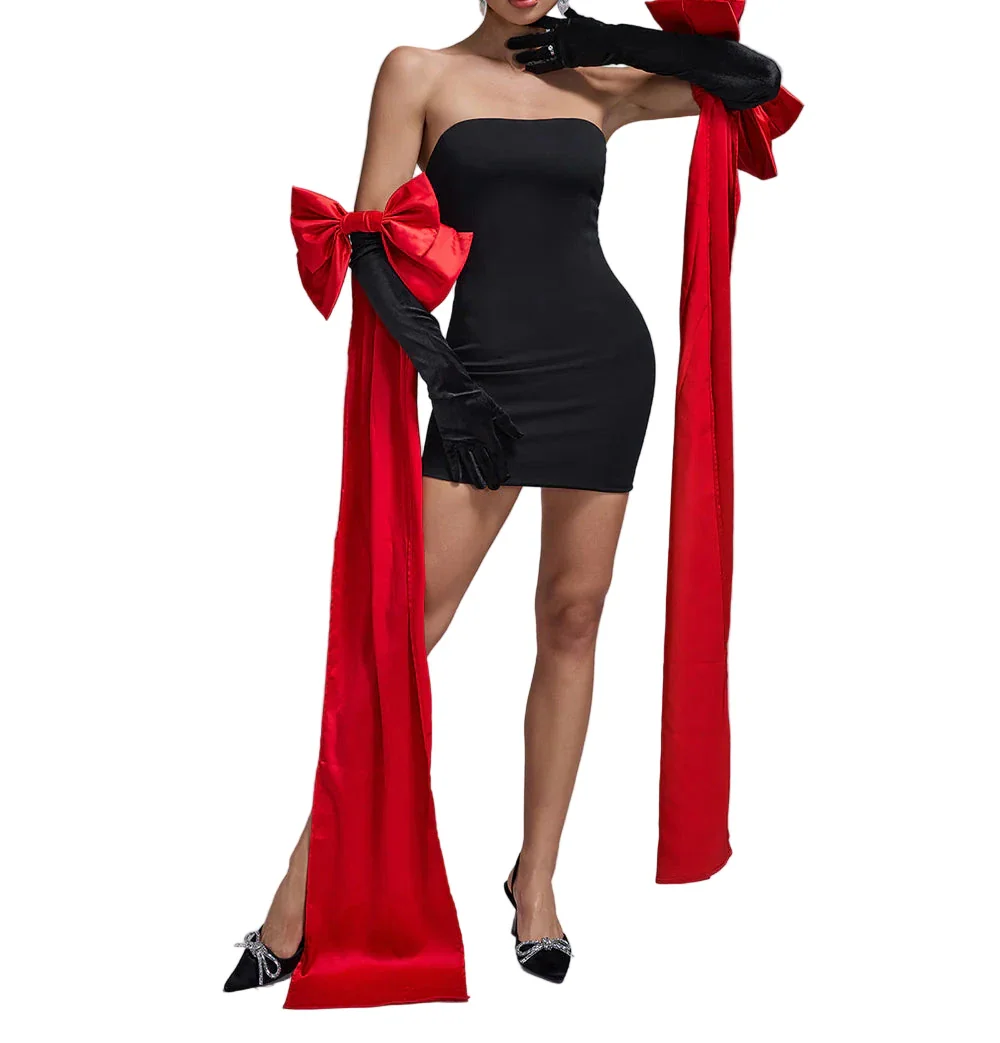 CARISA Backless Bow Gloves Mini Bodycon Dress