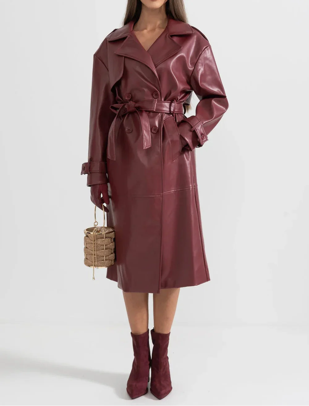 CAROLINE Vegan Leather Midi Coat - Dress BURGUNDY