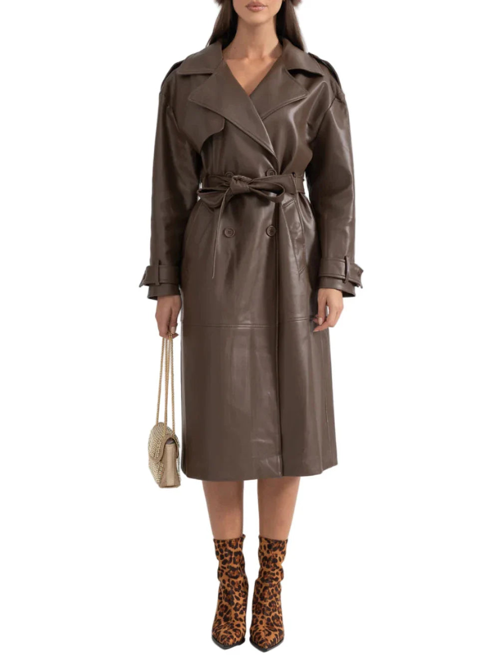 CAROLINE Vegan Leather Midi Coat - Dress BROWN