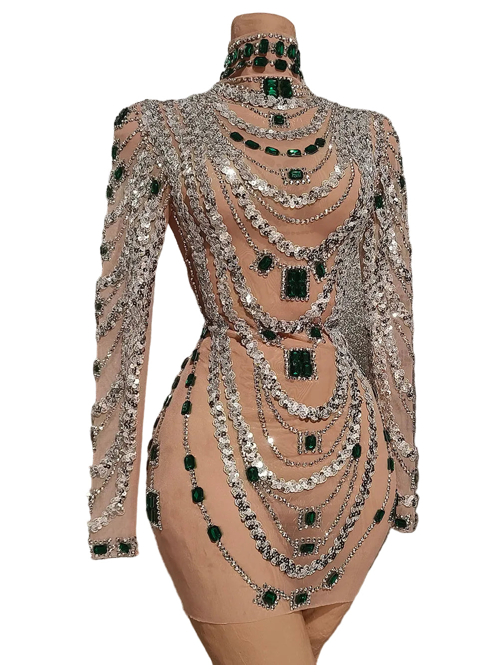 CELESTINE Emerald Crystal Chain Embellished Mini Dress