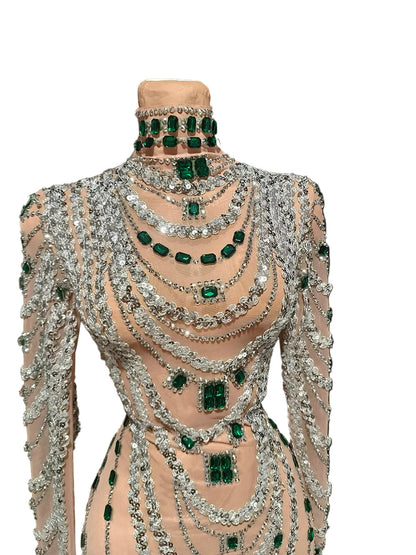 CELESTINE Emerald Crystal Chain Embellished Mini Dress