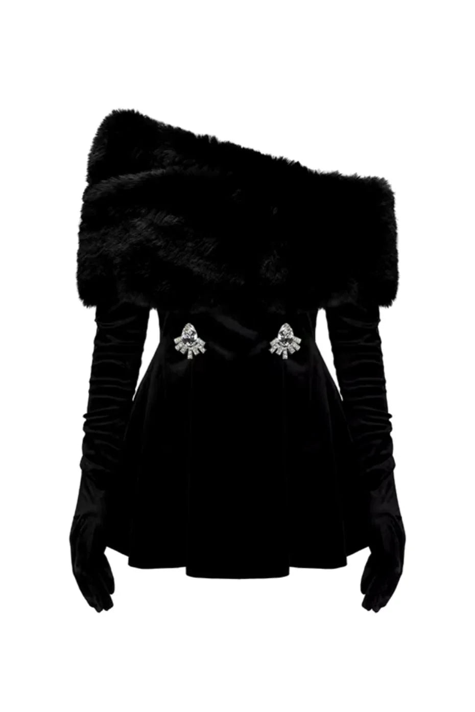 CHAHNA Velvet Mini Dress With Gloves BLACK