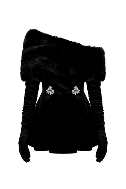 CHAHNA Velvet Mini Dress With Gloves BLACK