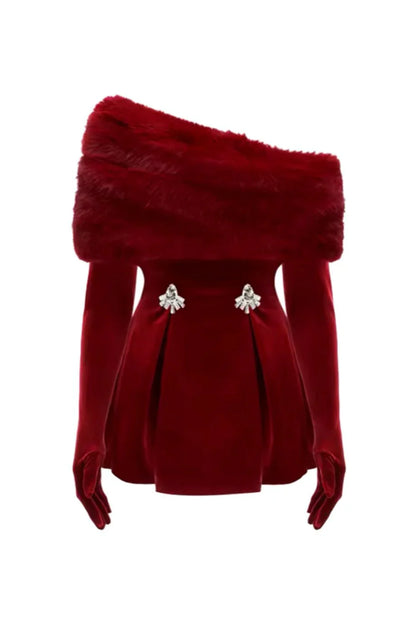 CHAHNA Velvet Mini Dress With Gloves RED