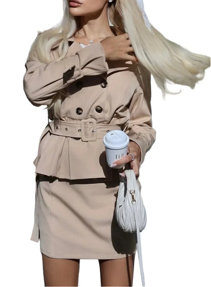 CHESNA LONG SLEEVE BELTED JACKET AND MINI SKIRT TWO PIECE SET