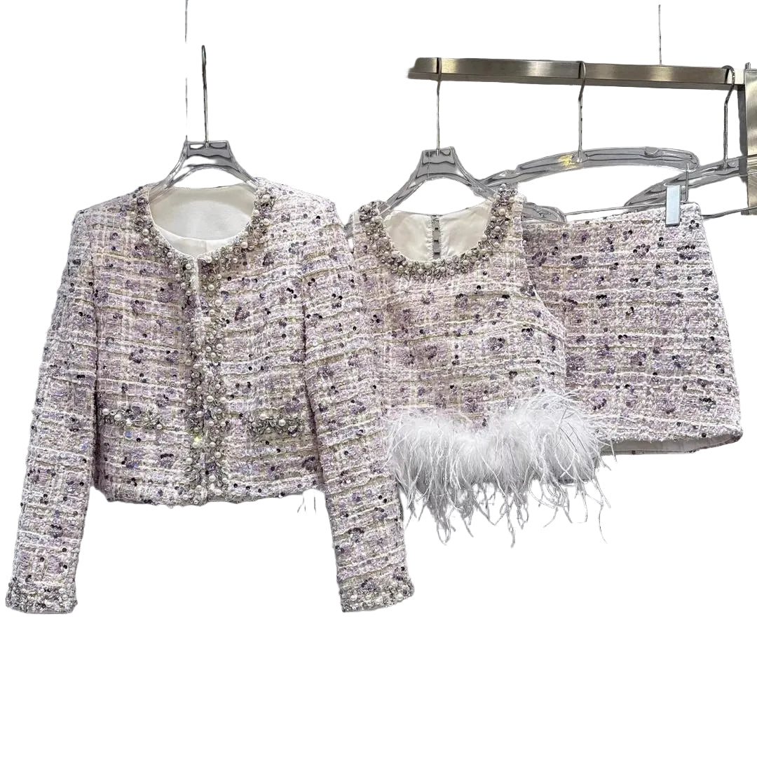 CIRA Elegant Tweed Feather Mini Dress | Chic Embellished Dress