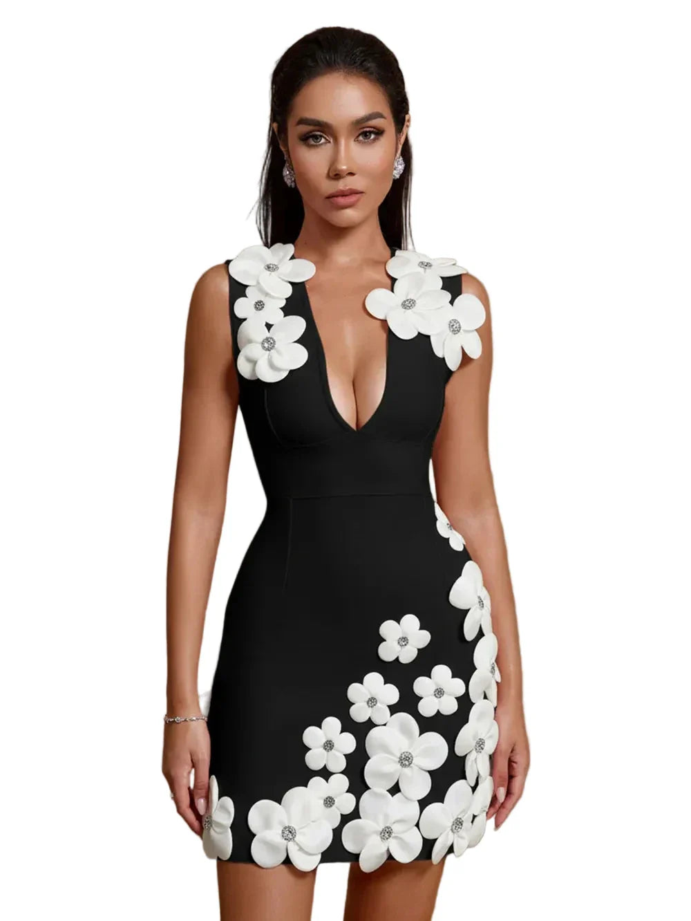 CLOE Luxury Floral Appliqué Mini Dress BLACK