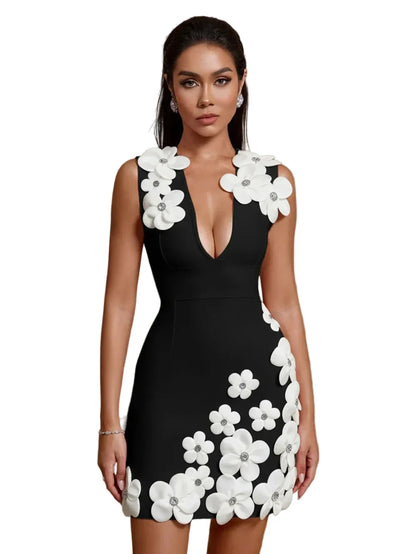 CLOE Luxury Floral Appliqué Mini Dress BLACK