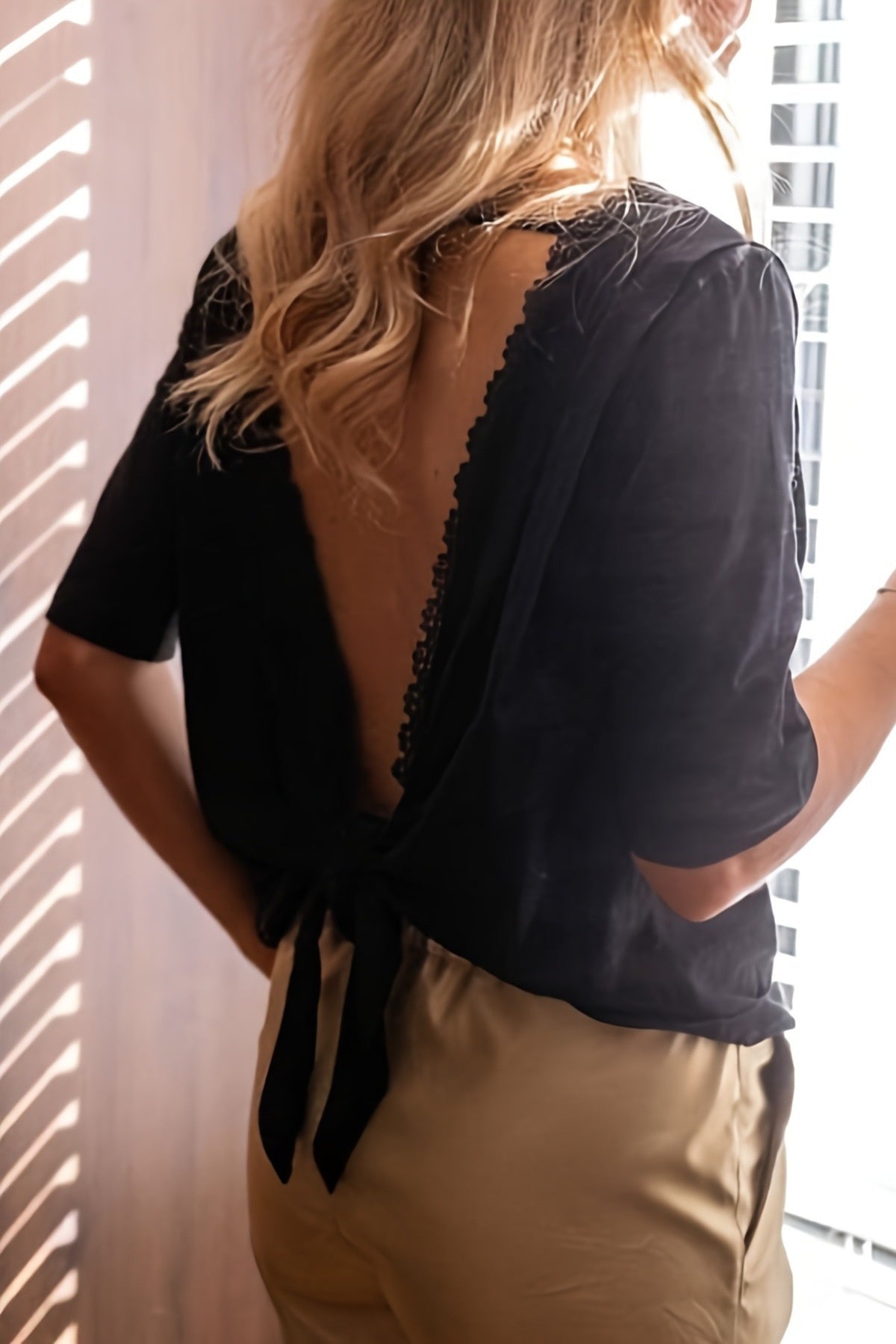 Lace Trim Tie Open Back Blouse